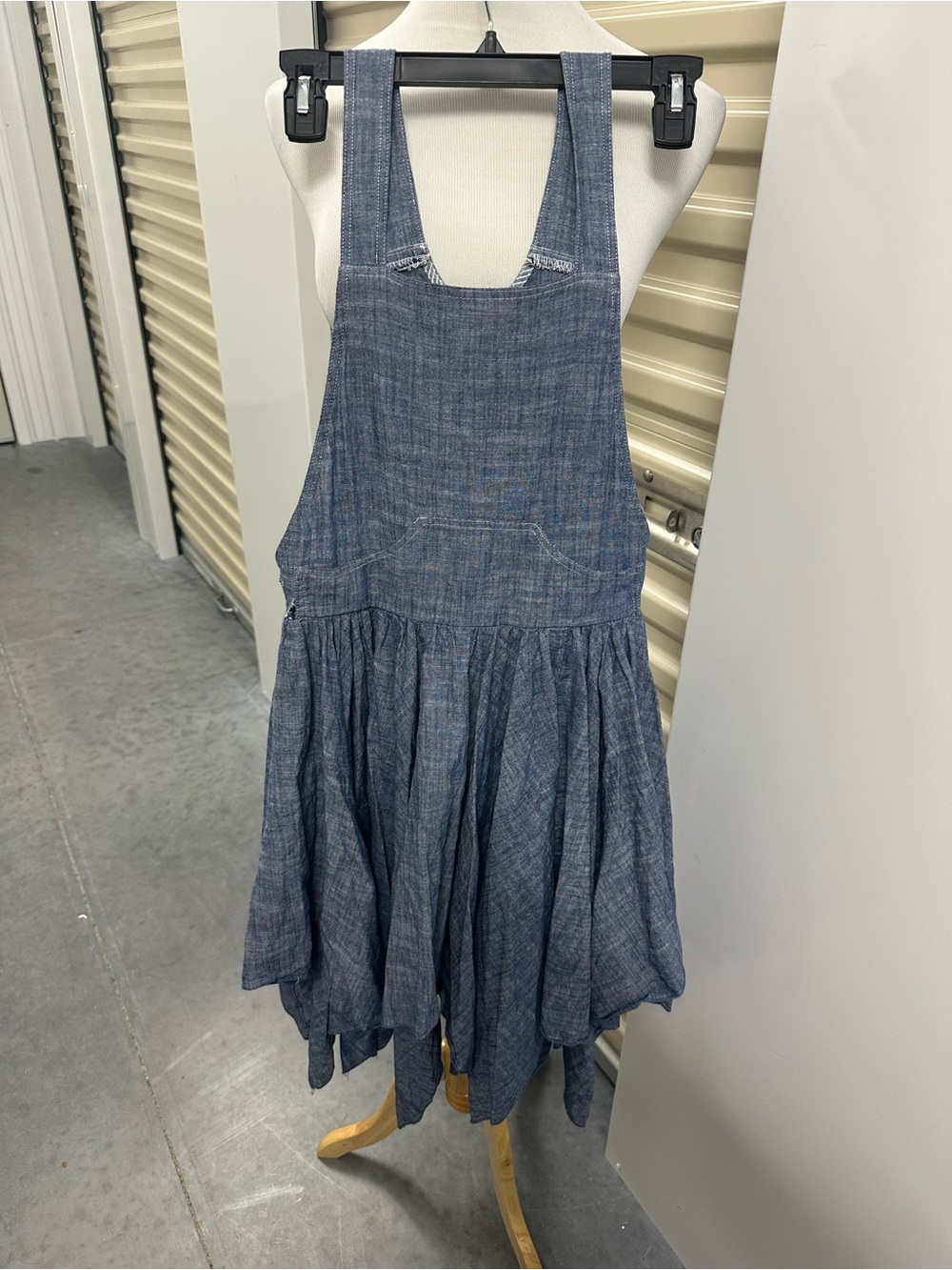 Girls Blue Chambray Pinafore Dress with Gathered Skirt
